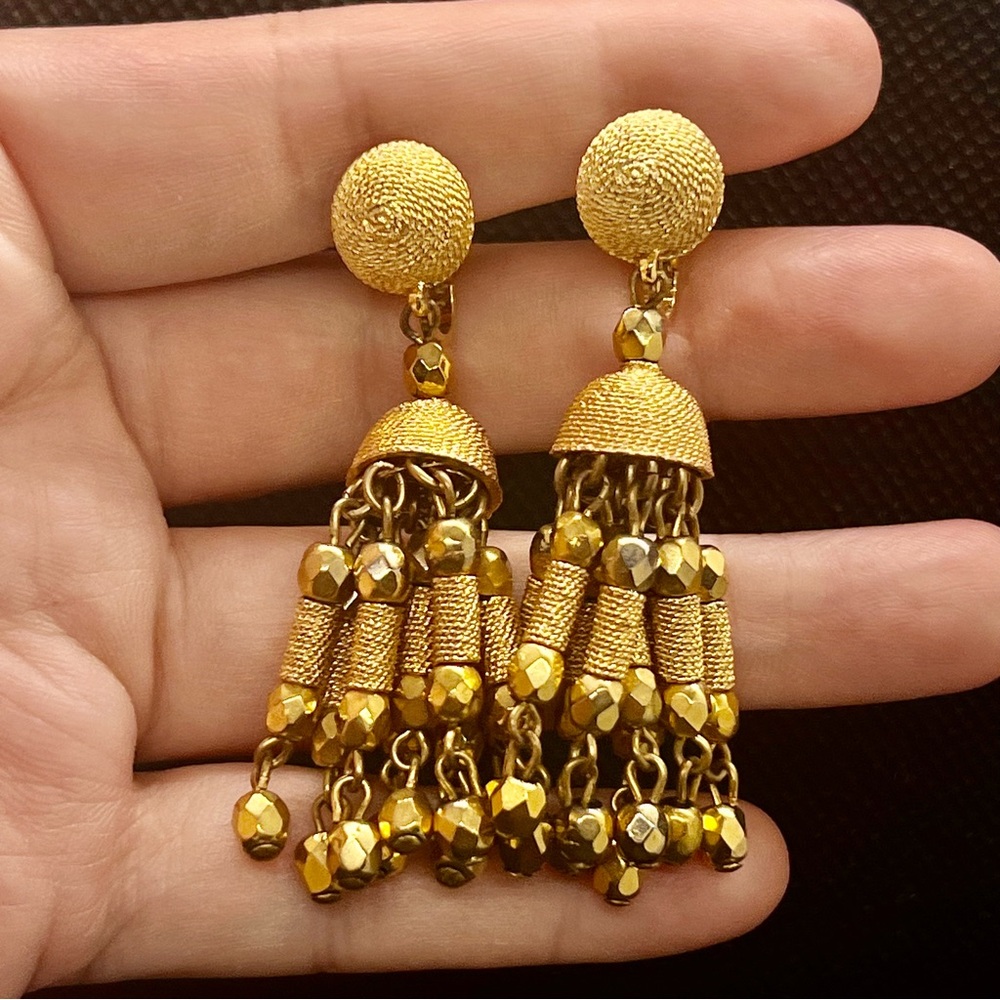 Vtg Signed‎ Crown Trifari MCM Chandelier Gold Tone Drop Dangle Clip On Earrings